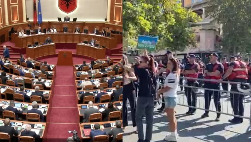 LIVE/ Brenda Kuvend, jashtë protestë! Qytetarët grumbullohen në akset para Parlamentit, polica me gardh metalik! Debate në seancë