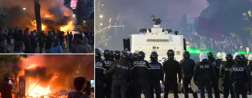 Protestuesit i vënë zjarrin një tjetër biznesi, digjet kioska në bulevardin “Dëshmorët e Kombit”! Tymi dhe flakët mbulojnë zonën