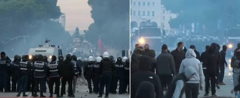 Protestuesit rinisin sulmin ndaj policisë përballë Kryeministrisë, Policia i mban larg me ujë e gaz!